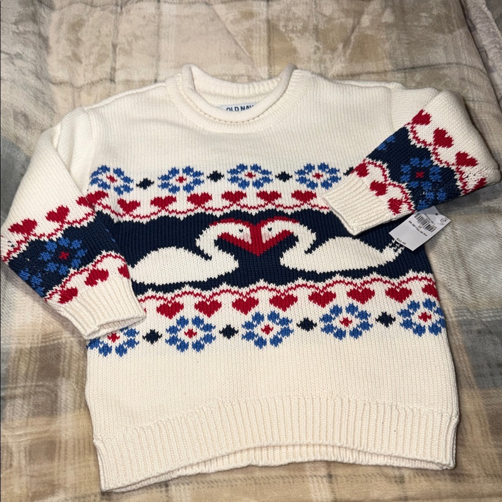 Old Navy White Sweater with Heart and Swan Design